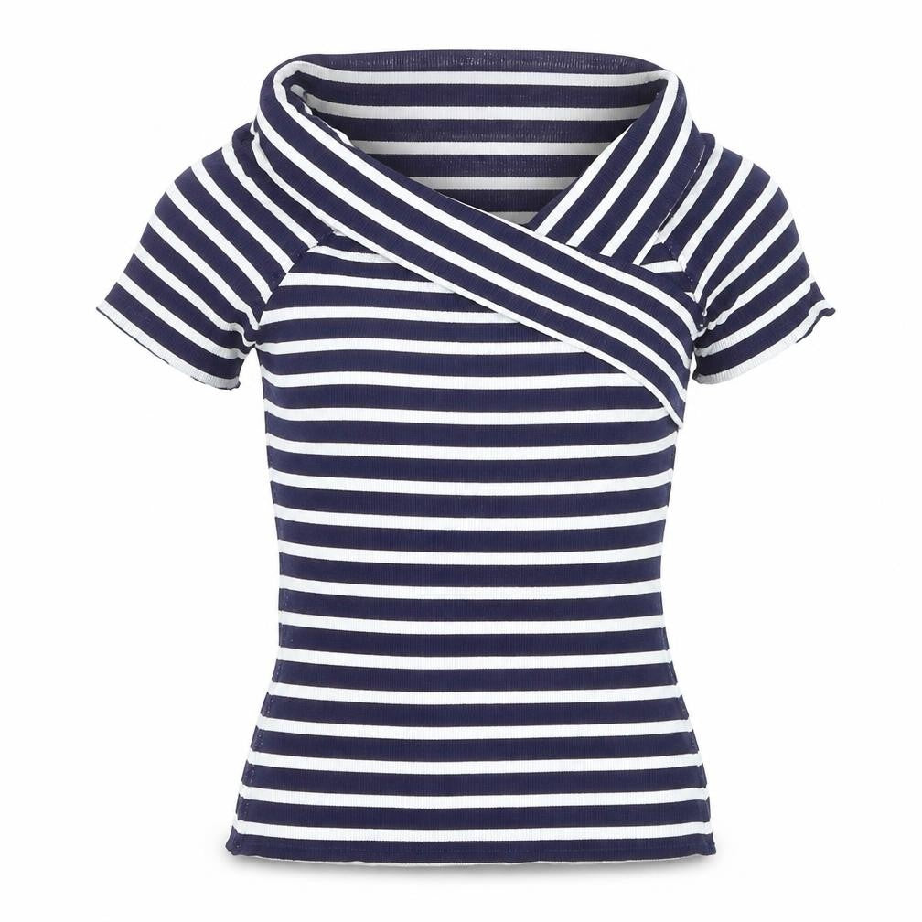 Oasis Women's Blue White Striped Off Shoulder T-Shirt Size M