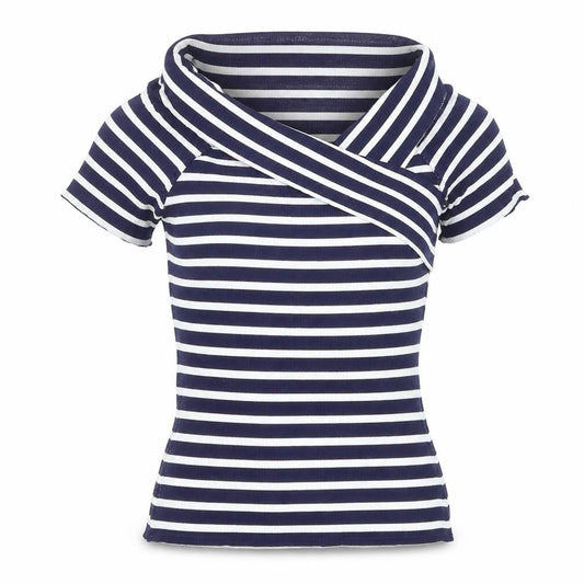 Oasis Women's Blue White Striped Off Shoulder T-Shirt Size M