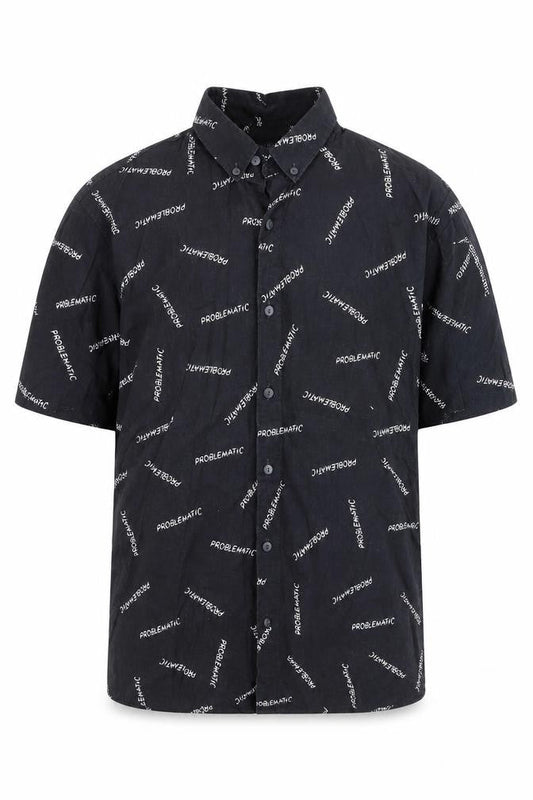 Pull&Bear Men's Black Graphic Short Sleeve Button-Up Shirt L