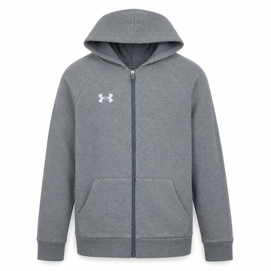 Front view of Under Armour boys’ grey full zip hoodie, size 158, (13 years) cotton blend
