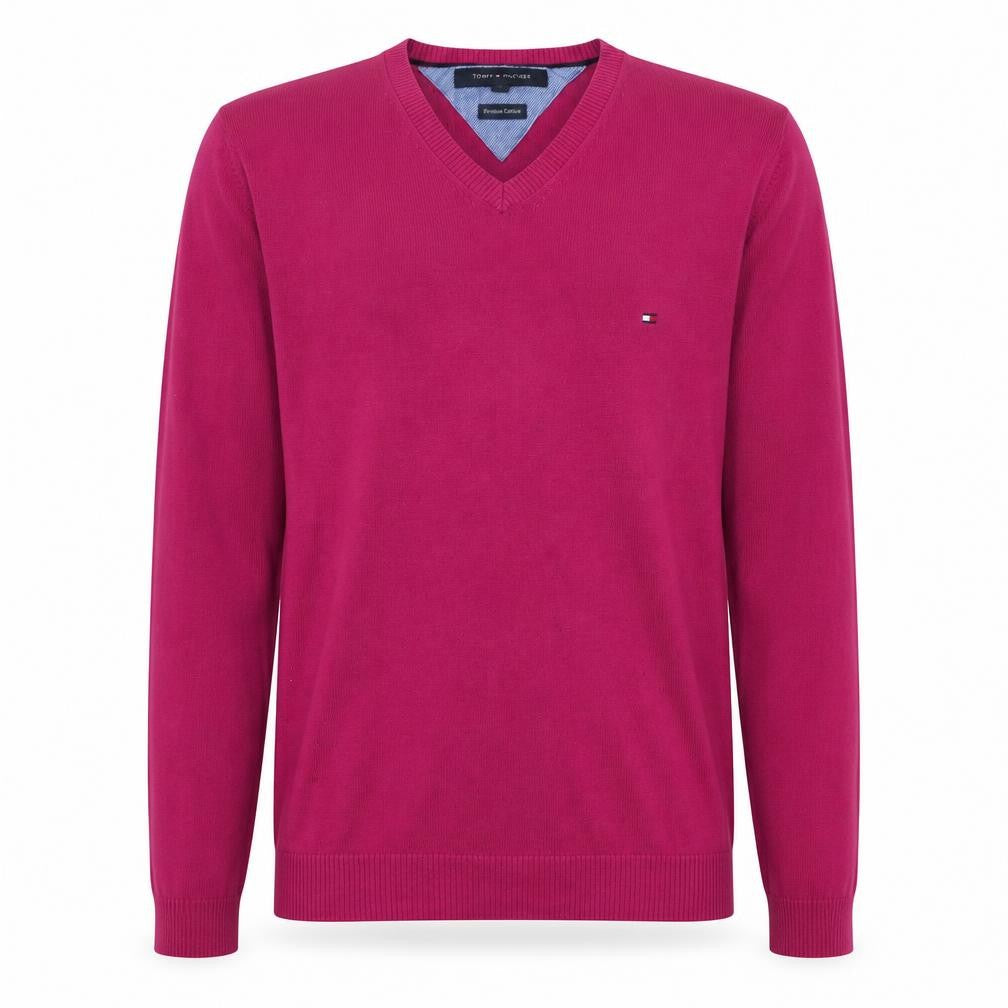 Tommy Hilfiger Men's Pink V-Neck Cotton Jumper Size M