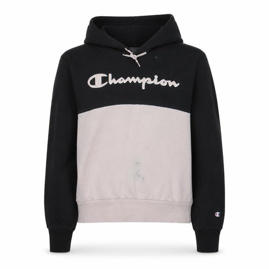 Champion Women Black Beige Pullover Hoodie Medium Logo Graphic Sweatshirt