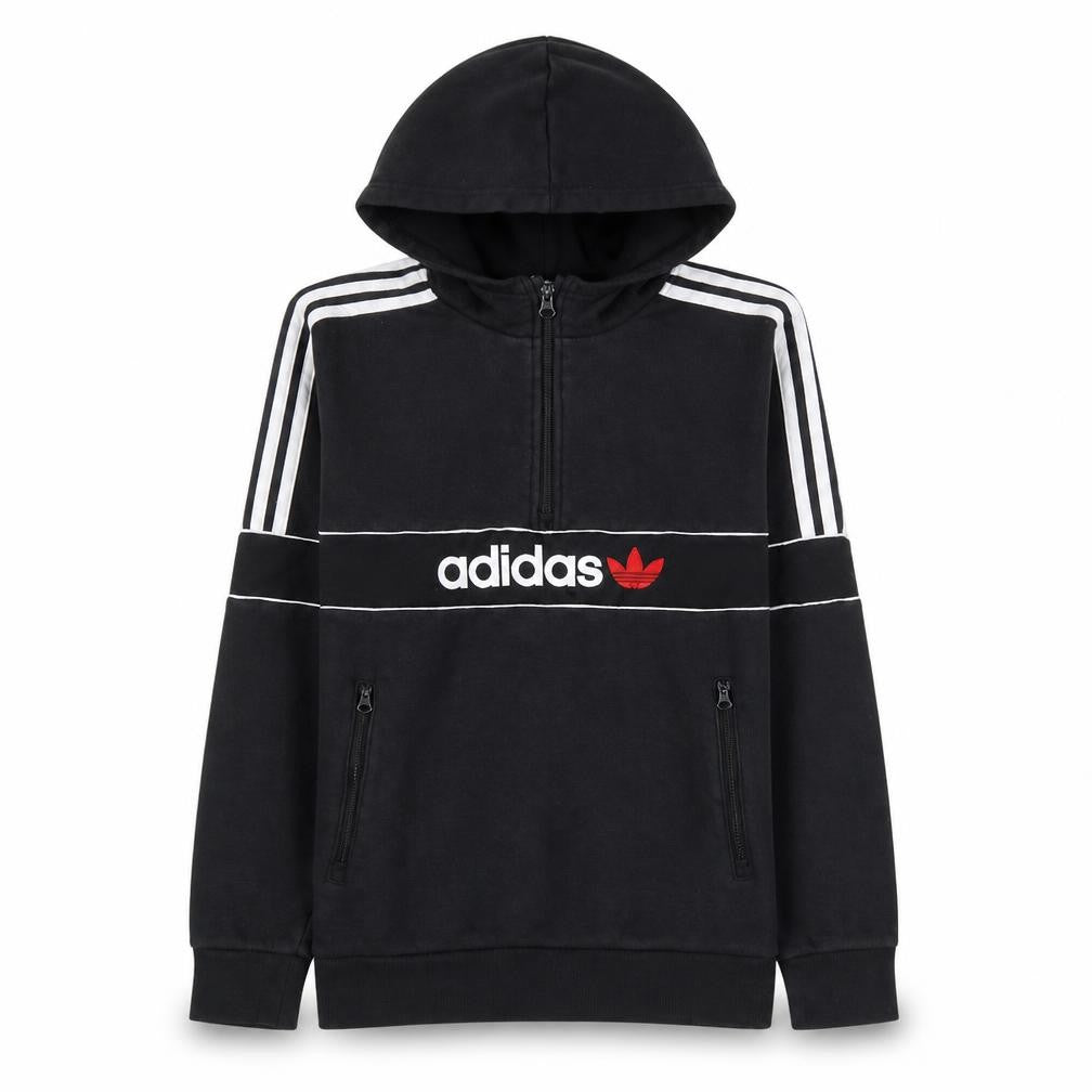 Adidas Boys Black 13-14 Years 1/4 Zip Hoodie with Stripes and Logo