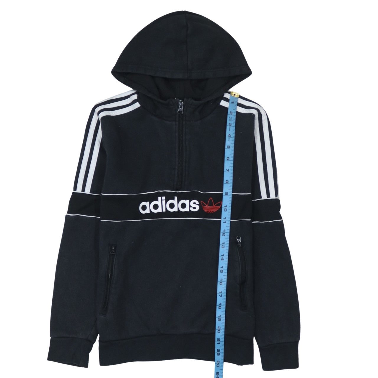 Adidas Boys Black 13-14 Years 1/4 Zip Hoodie with Stripes and Logo