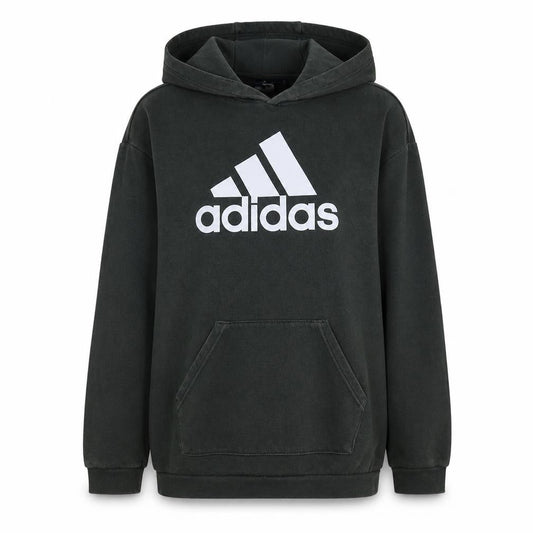 Front view of Adidas women’s black small pullover hoodie with logo design
