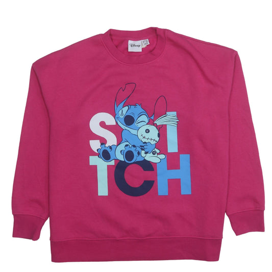 Disney Women Pink Stitch Pullover Sweatshirt L Crew Neck Cotton Blend