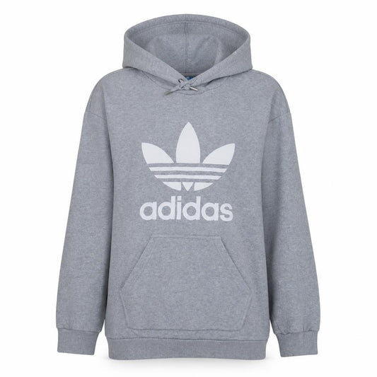 Adidas Womens Grey Trefoil Pullover Hoodie Size 10 Relaxed Fit