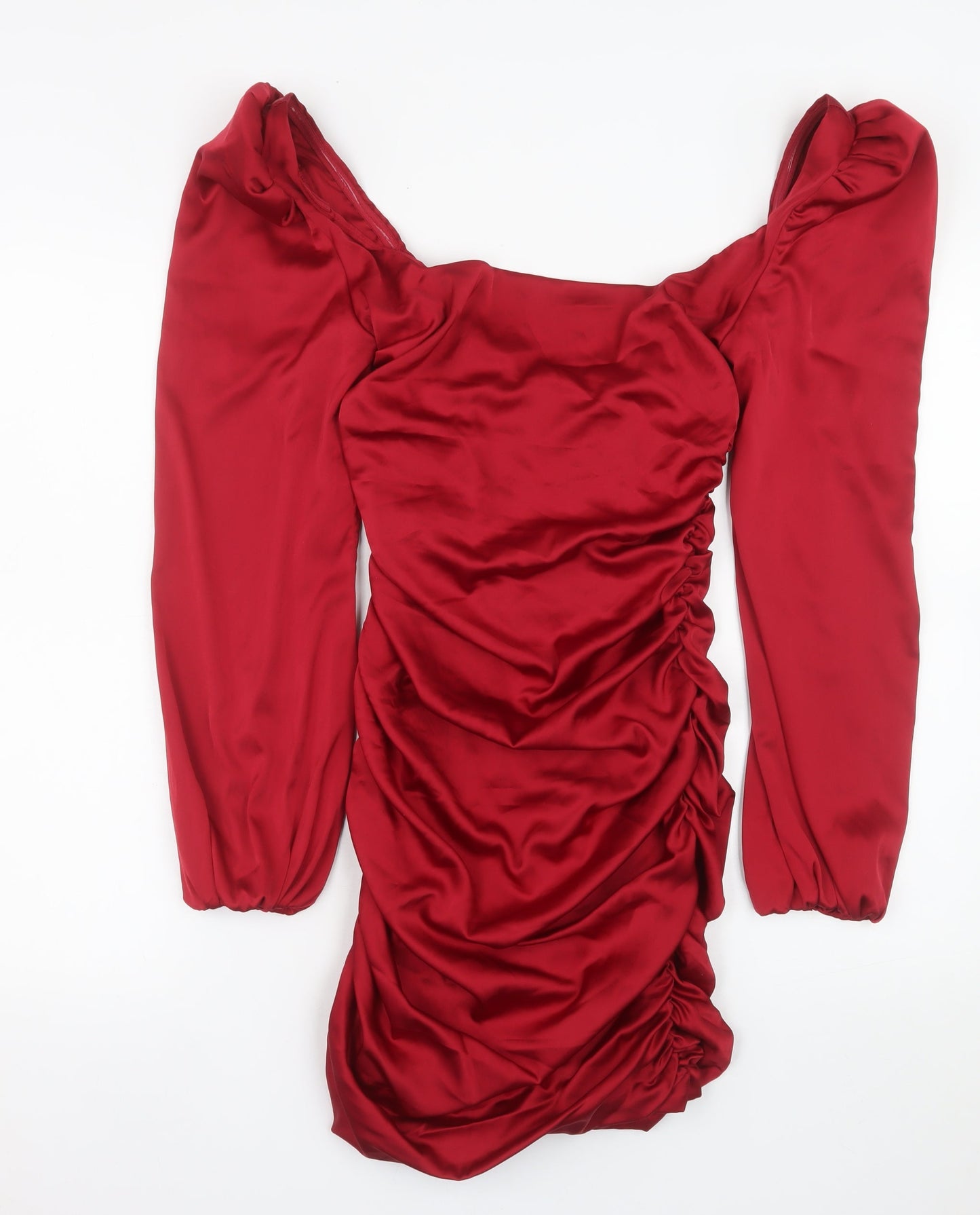 Oh Polly Women’s Red Ruched Satin Bodycon Mini Dress Size 10