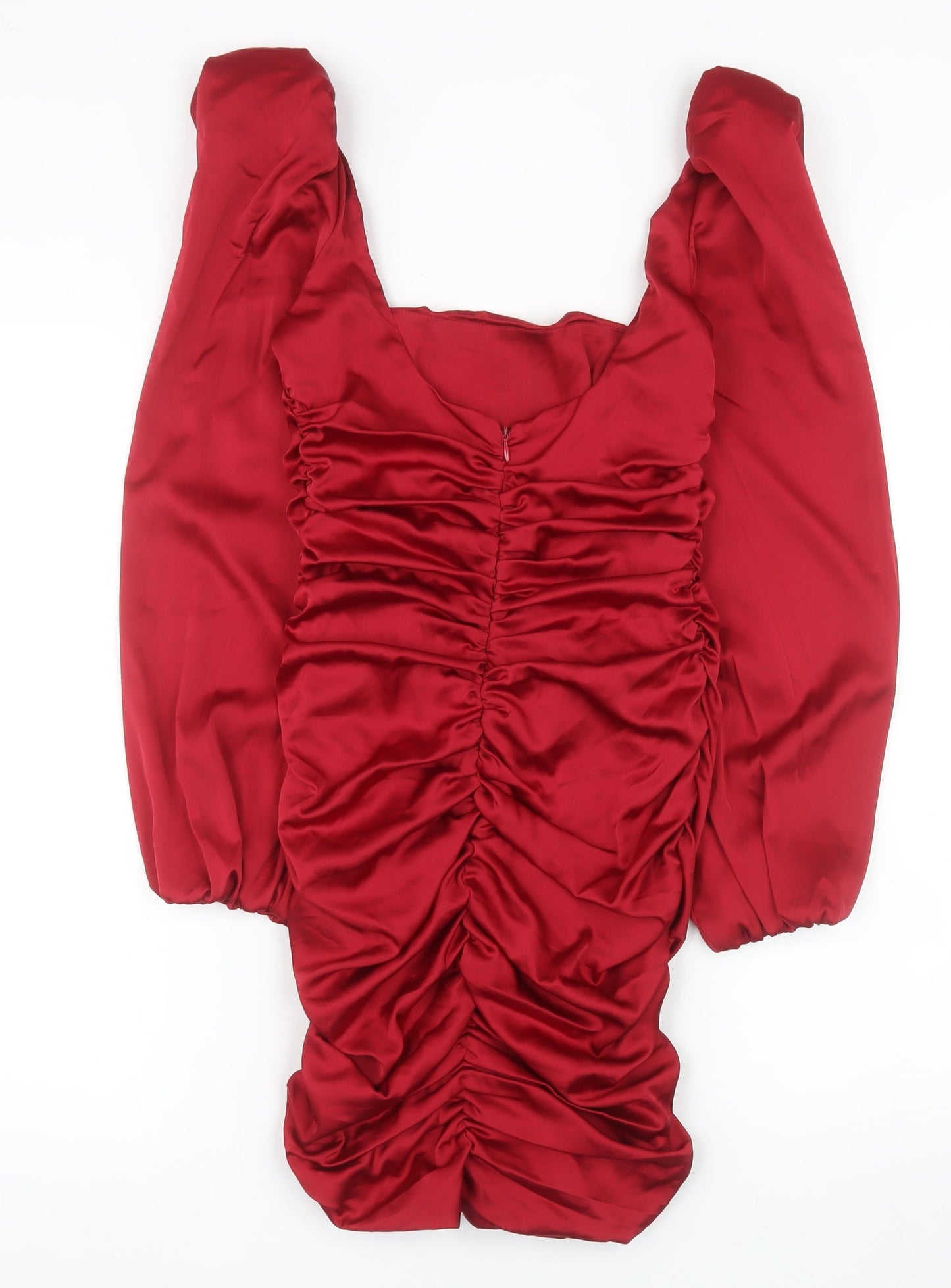 Oh Polly Women’s Red Ruched Satin Bodycon Mini Dress Size 10