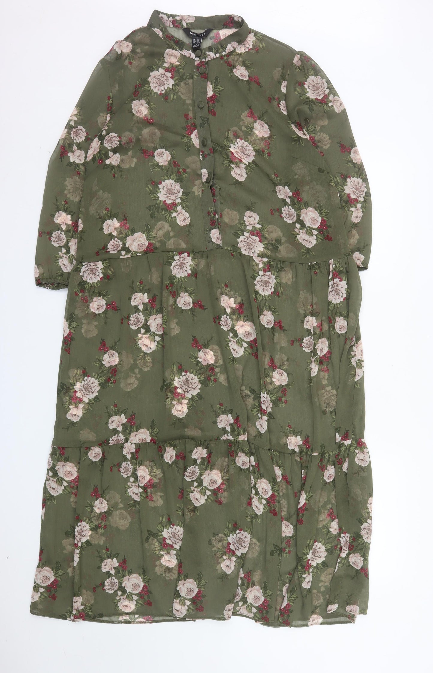 New Look Women Green Floral Long Sleeve Midi Dress Size 14