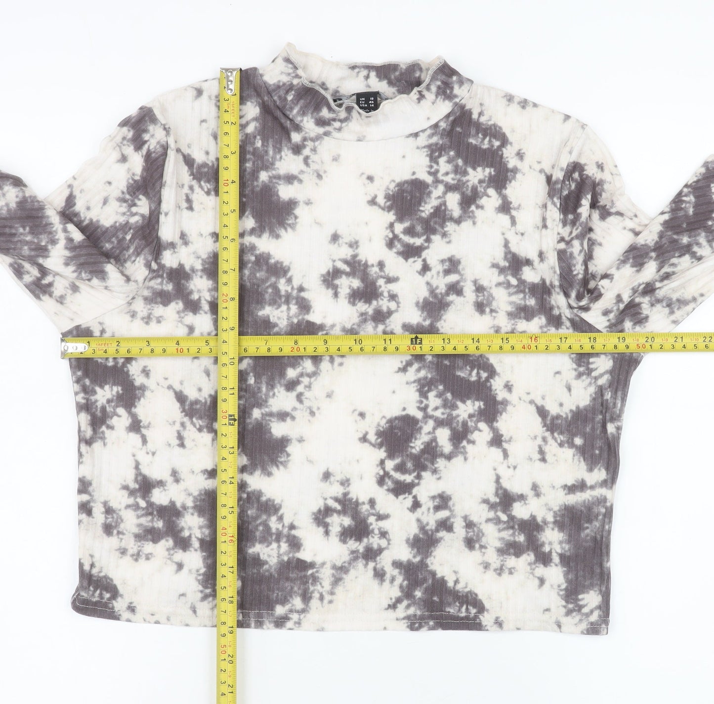 New Look Women Grey Tie-Dye Long Sleeve Mock Neck Cropped Top Size 18