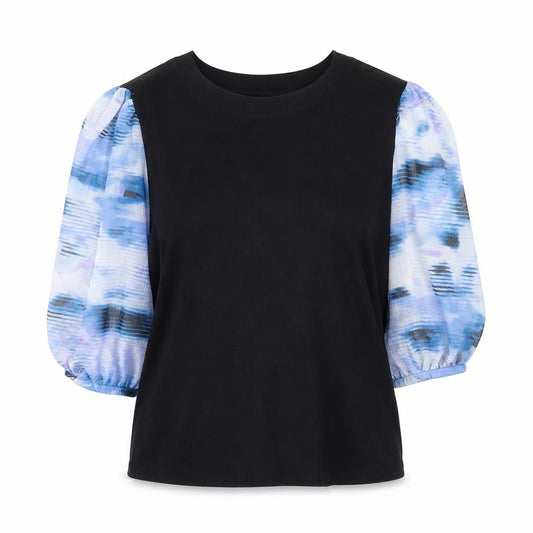 DKNY Womens Black Puff Sleeve Cotton Blend Blouse Size L