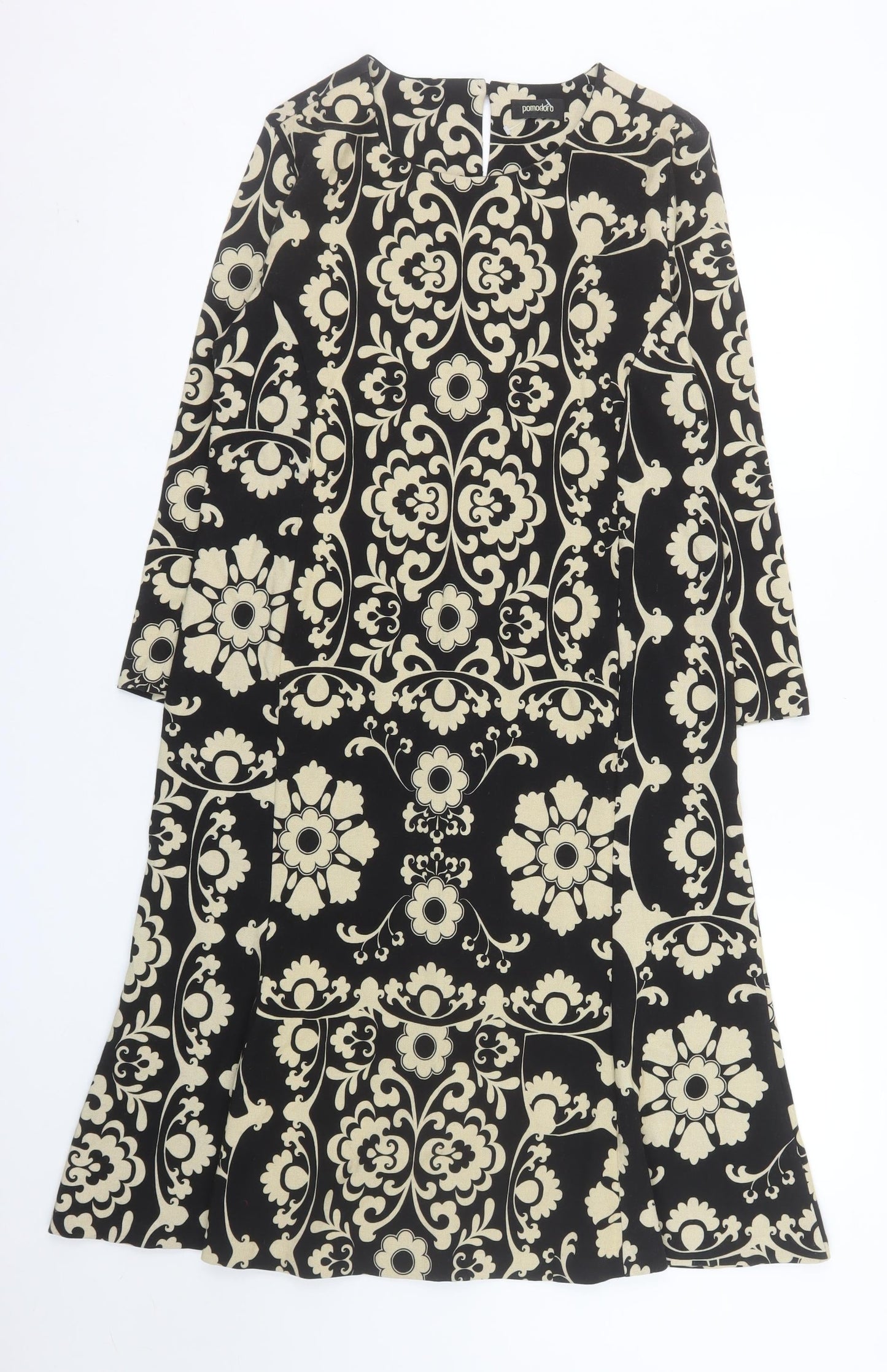 Pomodoro Women Black Beige Floral Shift Dress Size 14 Long Sleeve