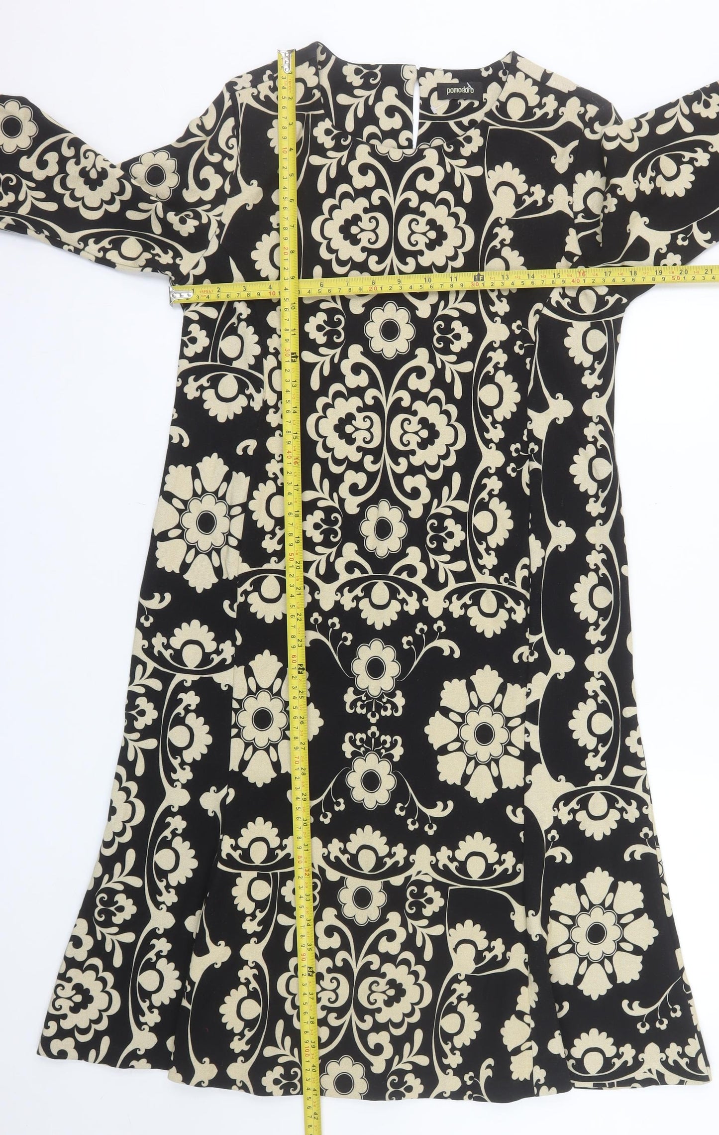 Pomodoro Women Black Beige Floral Shift Dress Size 14 Long Sleeve