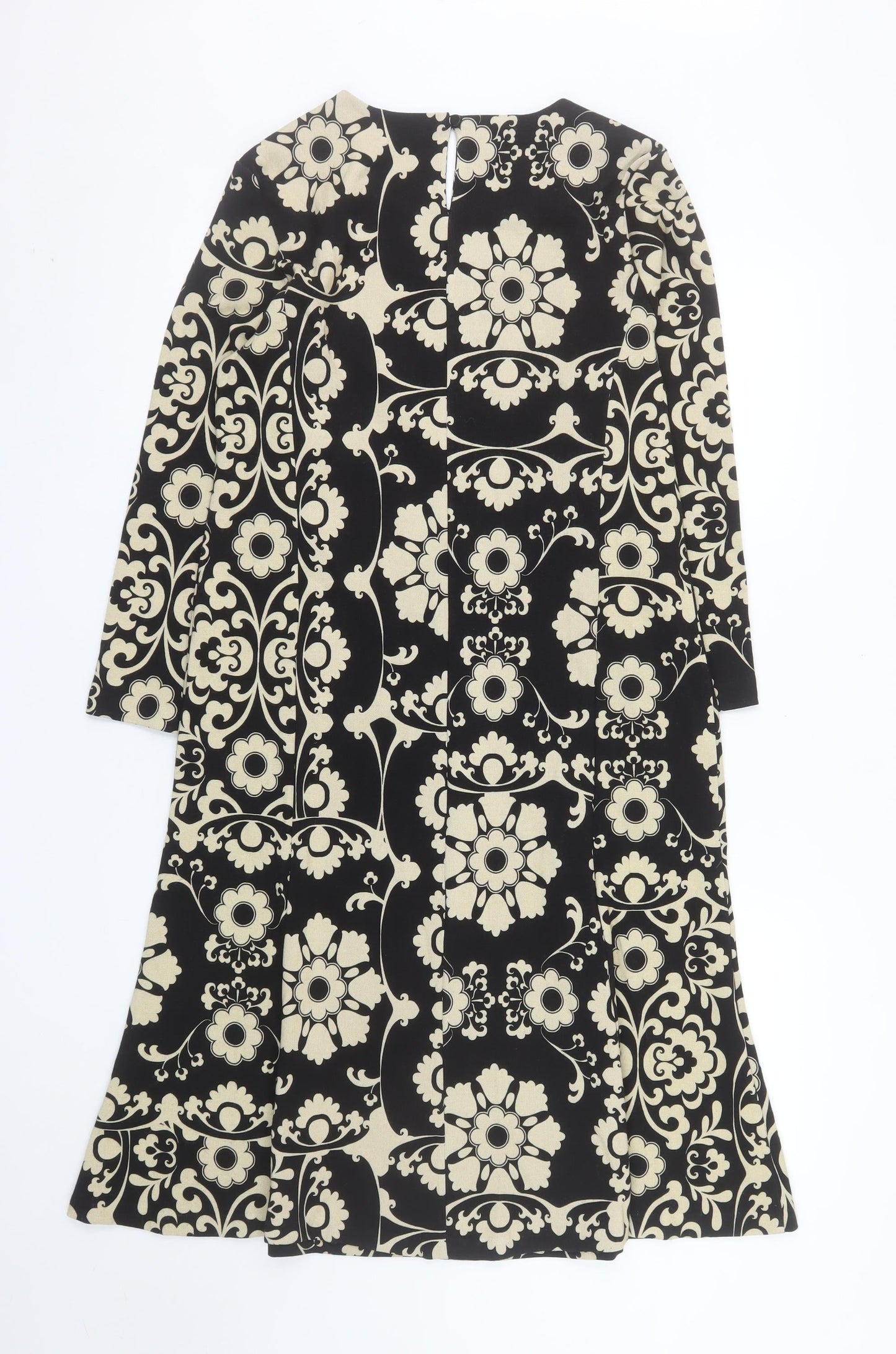 Pomodoro Women Black Beige Floral Shift Dress Size 14 Long Sleeve