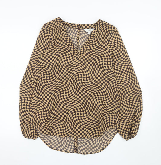 Marks and Spencer Women's Brown Check Long Sleeve V-Neck Blouse Size 8 Regular