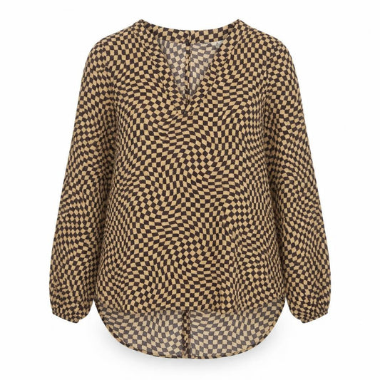 Marks and Spencer Women's Brown Check Long Sleeve V-Neck Blouse Size 8 Regular