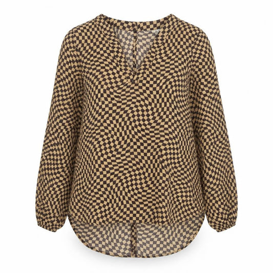 Marks and Spencer Women's Brown Check Long Sleeve V-Neck Blouse Size 8 Regular