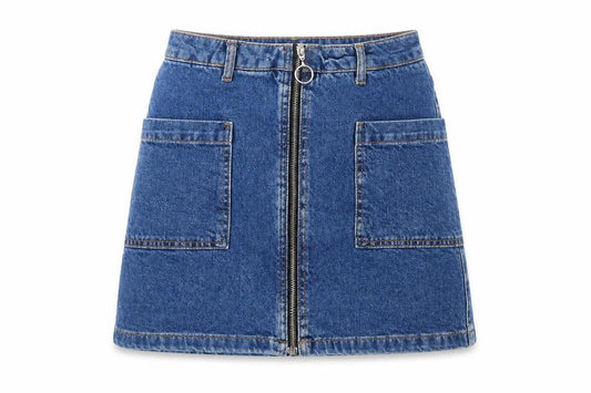 Topshop Women Blue Denim A-Line Zip Front Mini Skirt Size 6