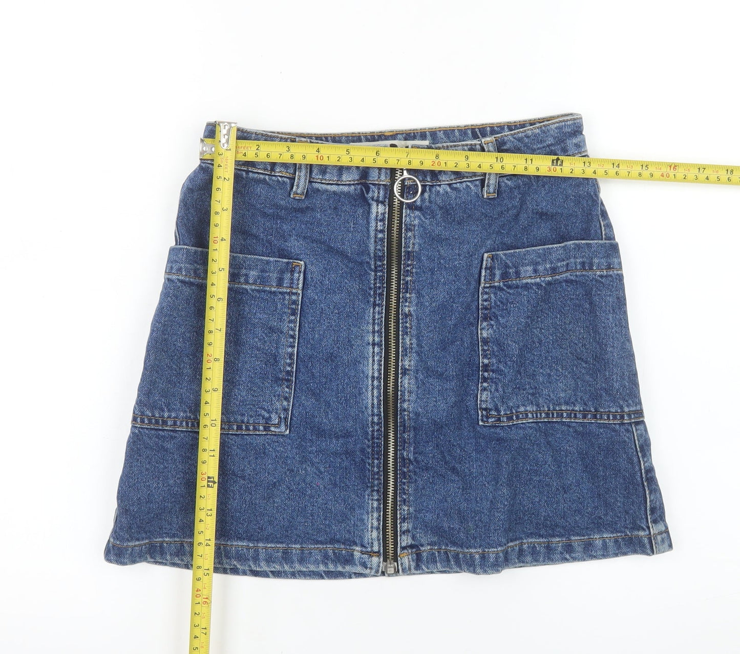 Topshop Women Blue Denim A-Line Zip Front Mini Skirt Size 6