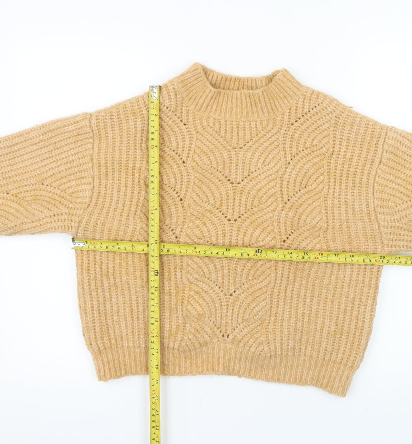 MNG Women Beige Chunky Knit Mock Neck Wool Blend Jumper M