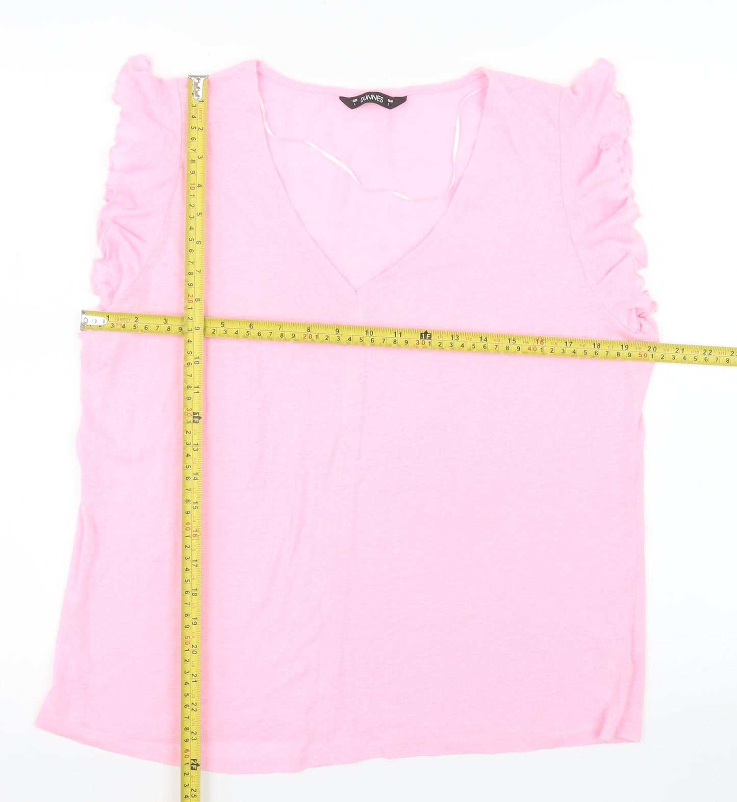 Dunnes Stores Women Pink Linen Blend Ruffle V-Neck T-Shirt Size 16