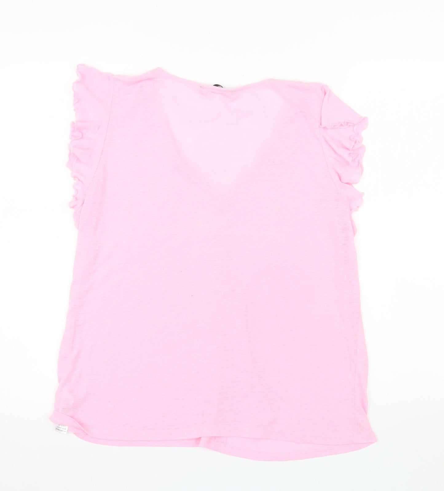 Dunnes Stores Women Pink Linen Blend Ruffle V-Neck T-Shirt Size 16