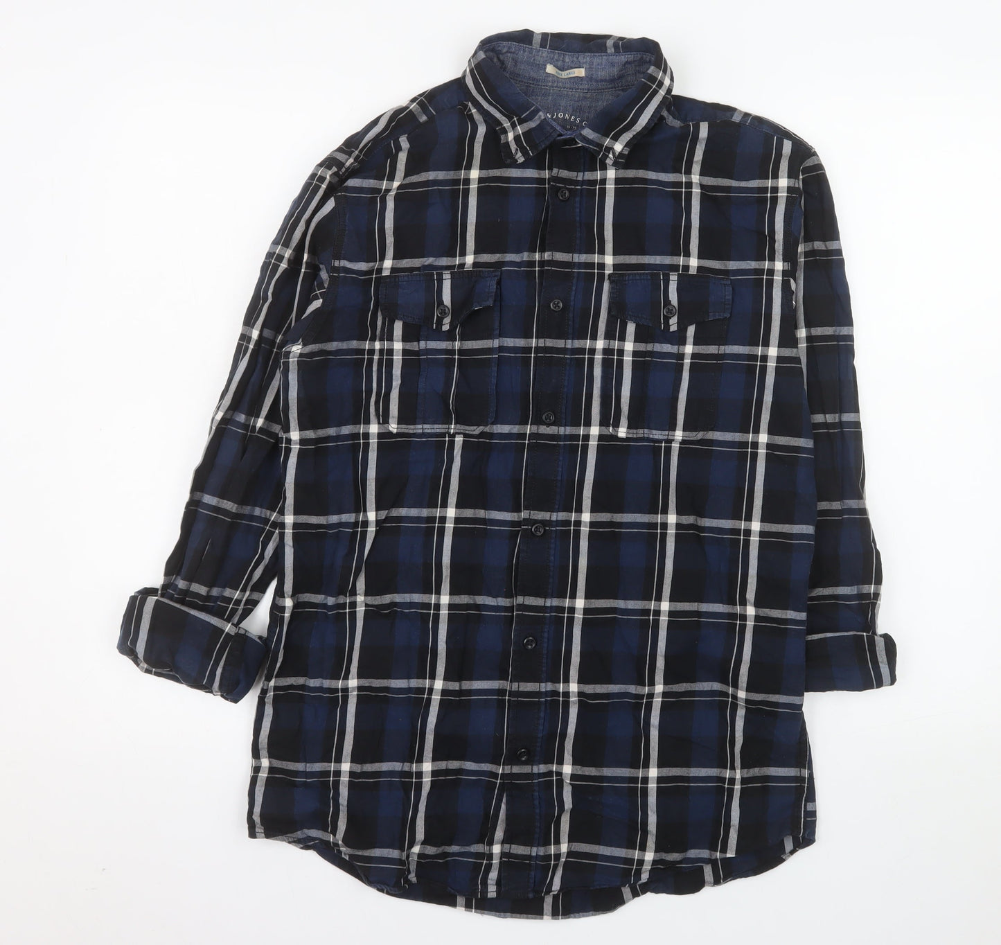 Jack & Jones Men's Blue Plaid Long Sleeve Cotton Shirt Size L