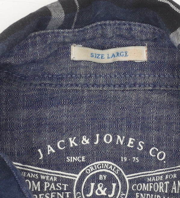 Jack & Jones Men's Blue Plaid Long Sleeve Cotton Shirt Size L