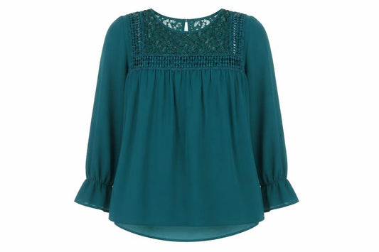 Yours Clothing Women's Green Lace Trim Long Sleeve Tunic Blouse Size 14