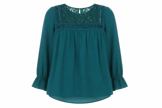 Yours Clothing Women's Green Lace Trim Long Sleeve Tunic Blouse Size 14