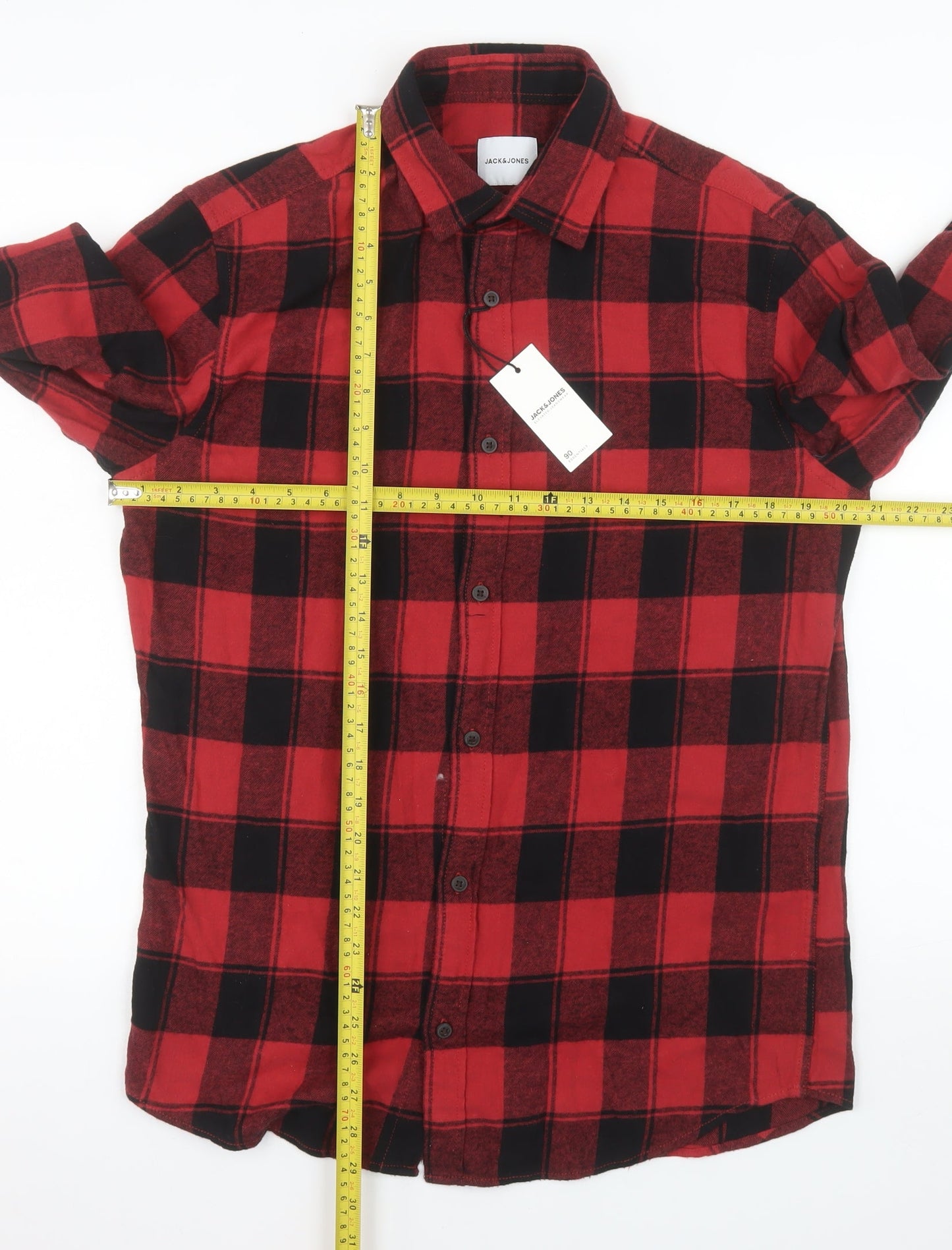 Jack & Jones Men's Red Black Check Flannel Long Sleeve Button-Up Shirt M