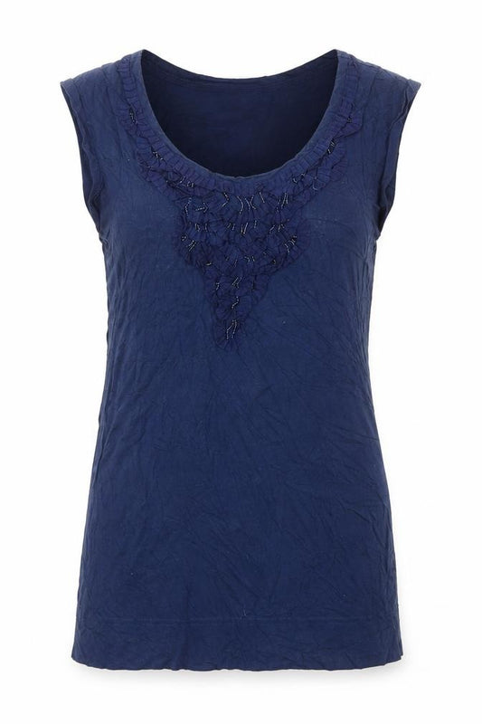 Kaliko Women's Blue Beaded Sleeveless Blouse UK 8 Cotton Blend