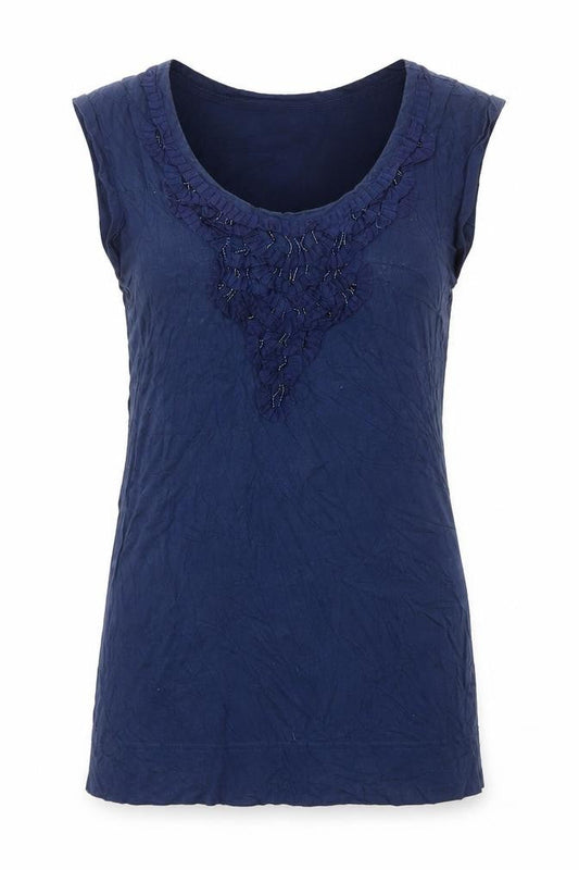 Kaliko Women's Blue Beaded Sleeveless Blouse UK 8 Cotton Blend