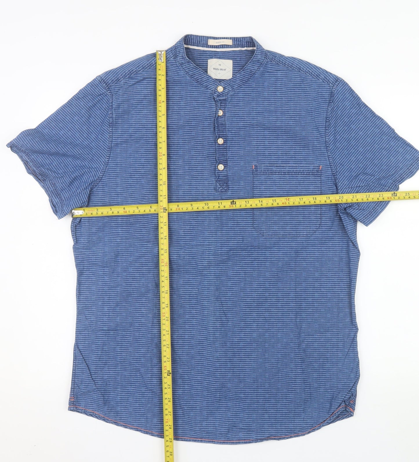White Stuff Men's Blue Short Sleeve Henley Cotton Shirt Size L