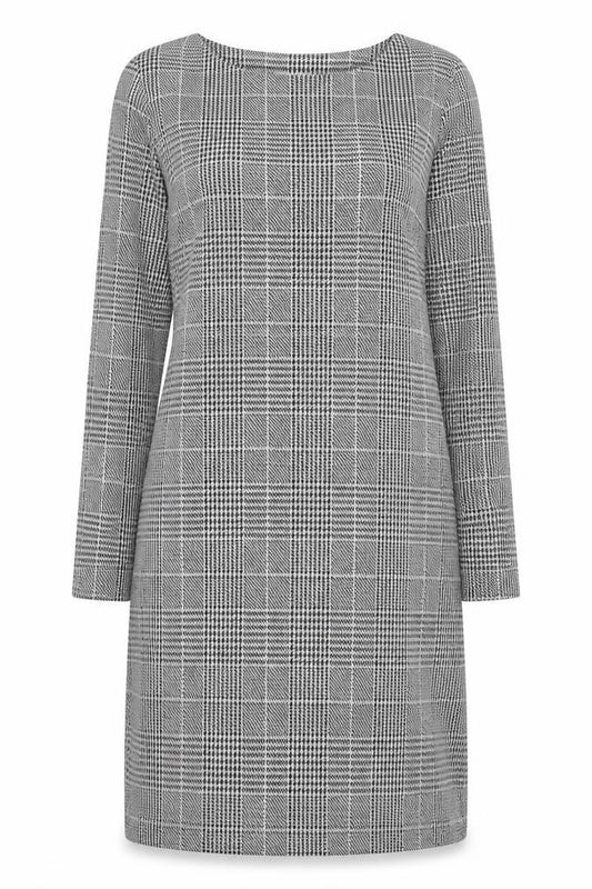 H&M Women Grey Check Shift Dress XS Long Sleeve Boat Neck