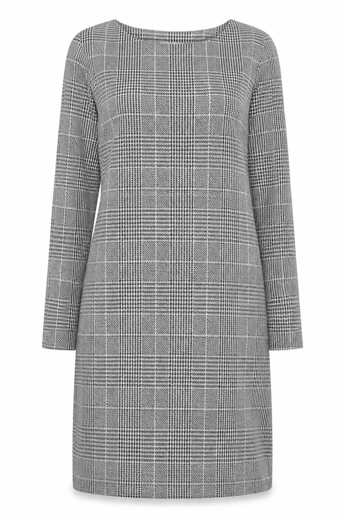 H&M Women Grey Check Shift Dress XS Long Sleeve Boat Neck