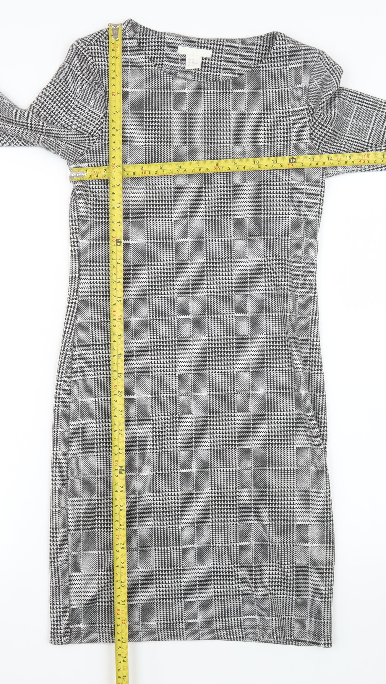 H&M Women Grey Check Shift Dress XS Long Sleeve Boat Neck