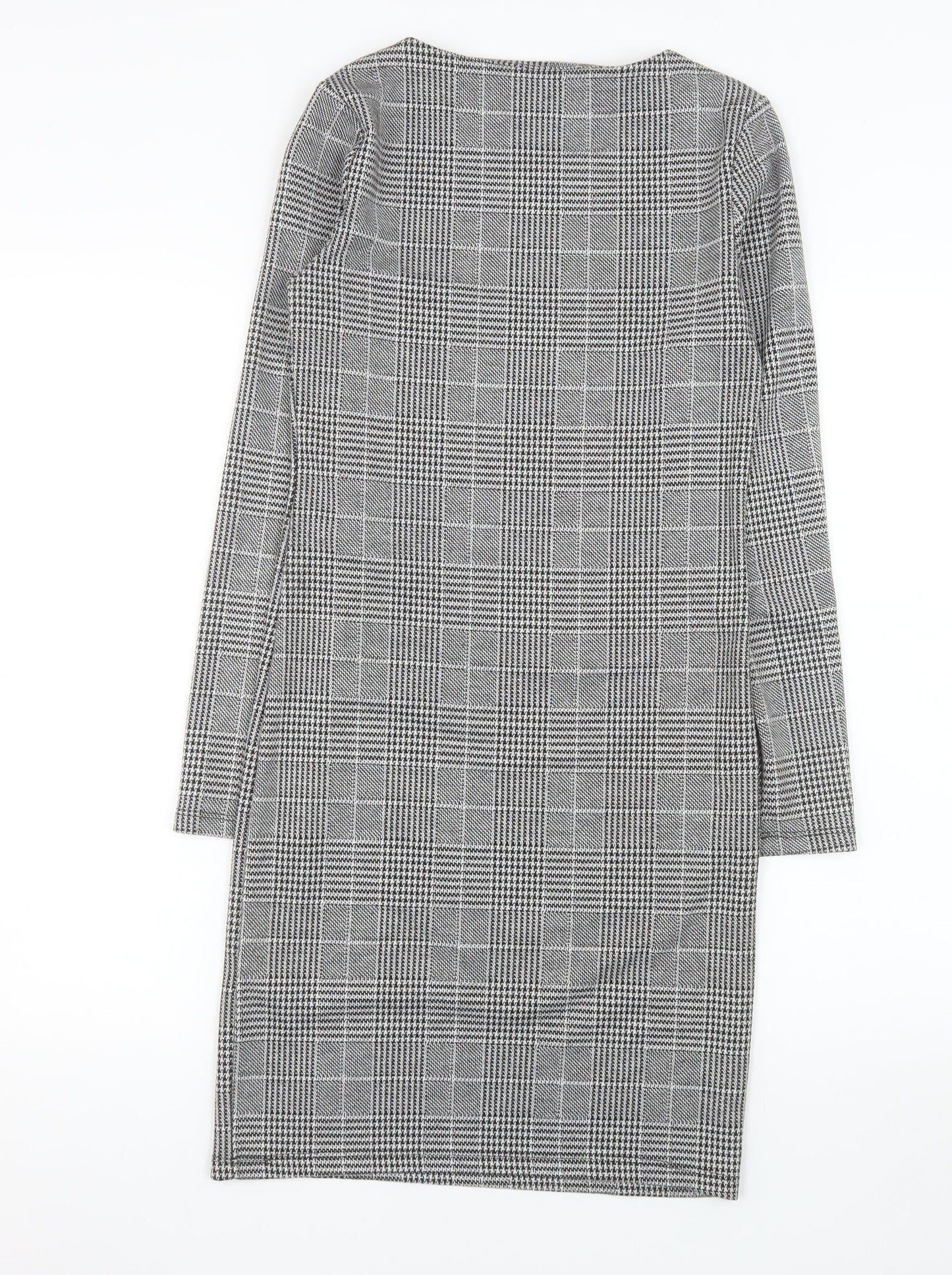 H&M Women Grey Check Shift Dress XS Long Sleeve Boat Neck