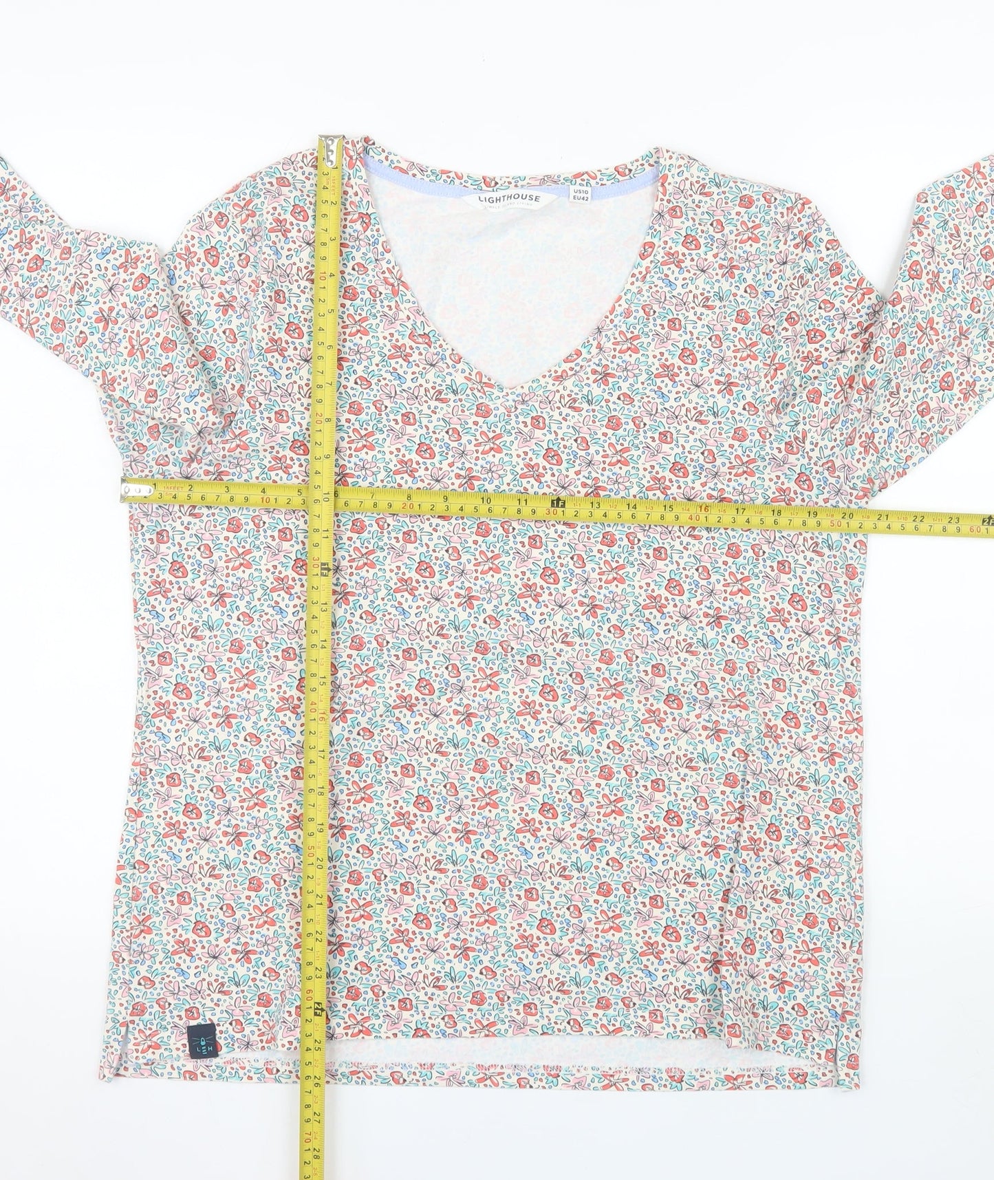 Lighthouse Womens Floral V-Neck Long Sleeve Cotton Top Size 14