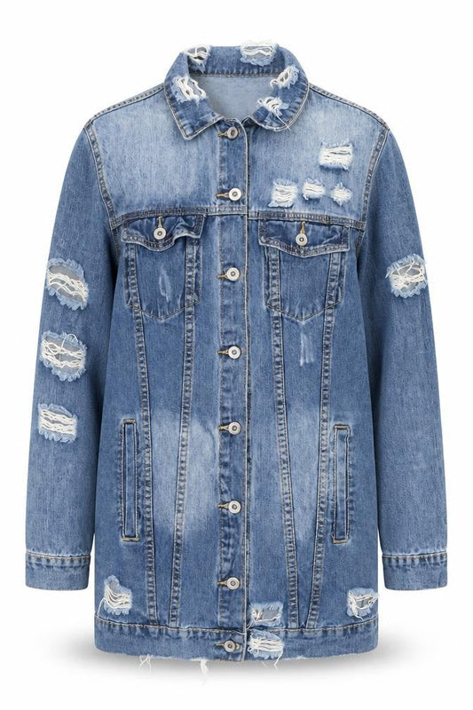 MISSPAP Women Blue Distressed Long Denim Jacket Size S