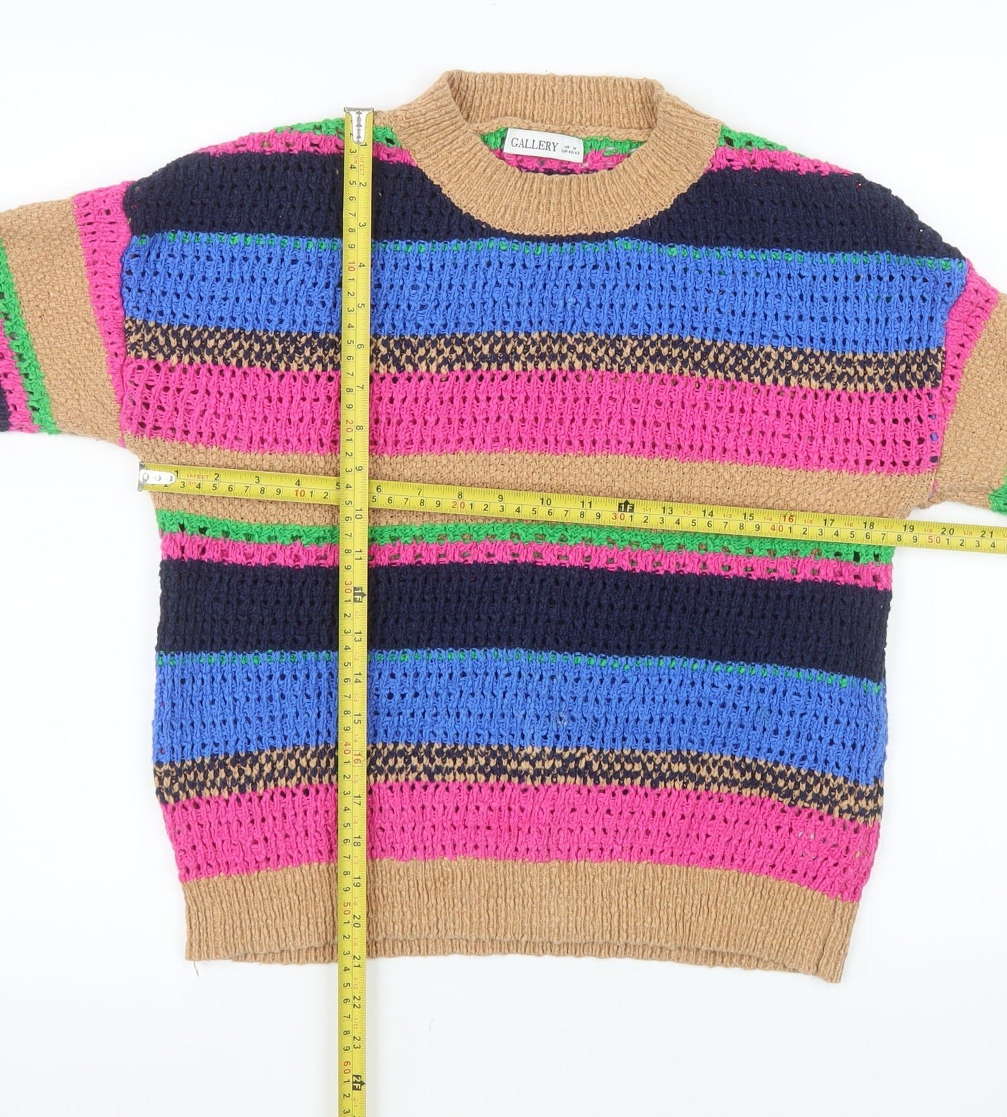 Gallery Women Beige Multicoloured Striped Knit Jumper Size M 100% Cotton