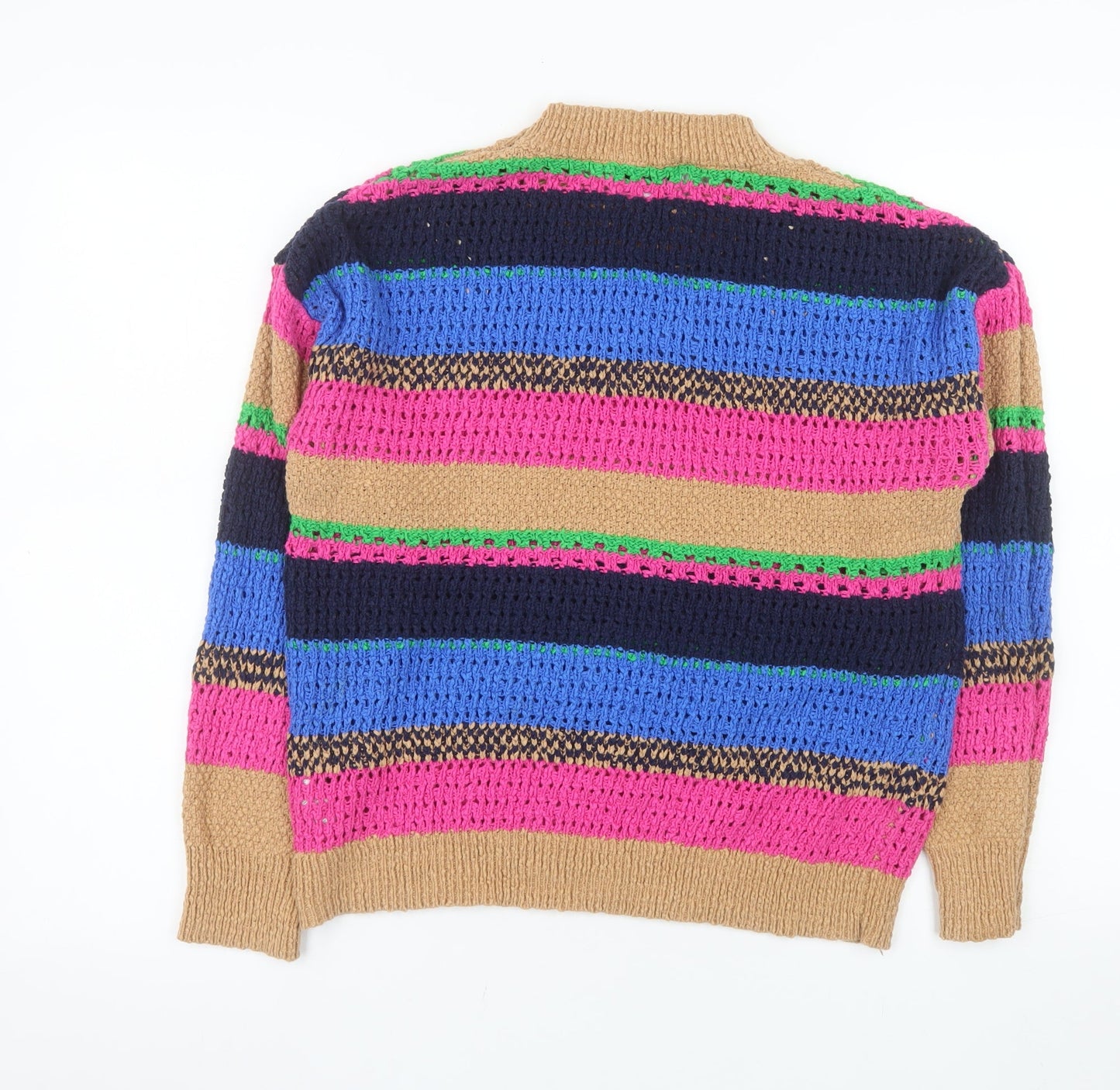Gallery Women Beige Multicoloured Striped Knit Jumper Size M 100% Cotton