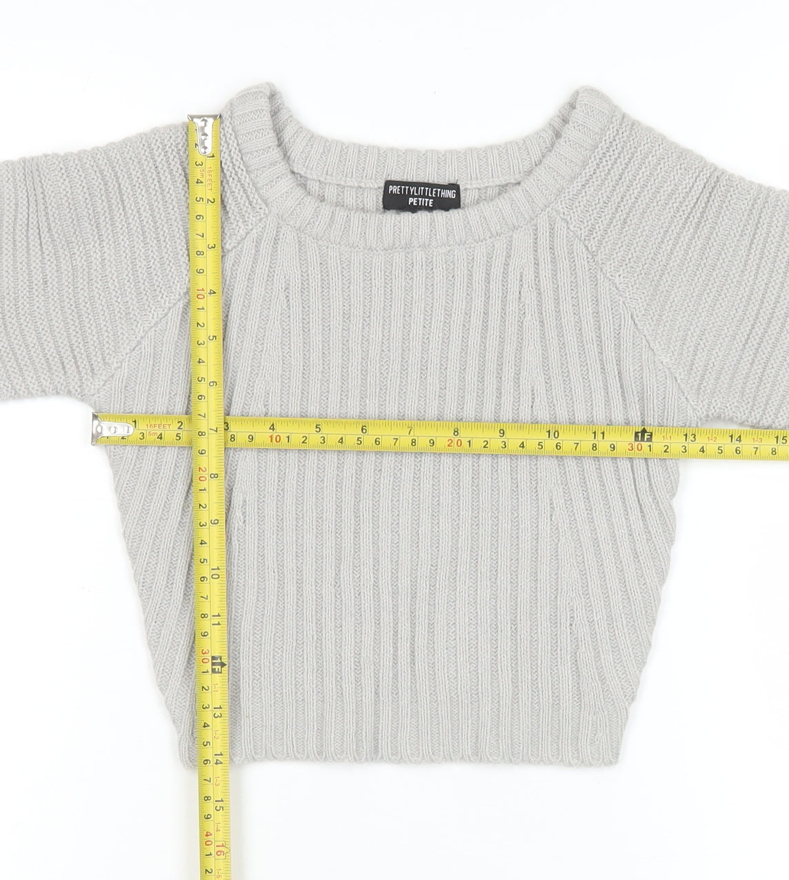 PrettyLittleThing Petite Women’s Grey Ribbed Knit Crew Neck Jumper Size S