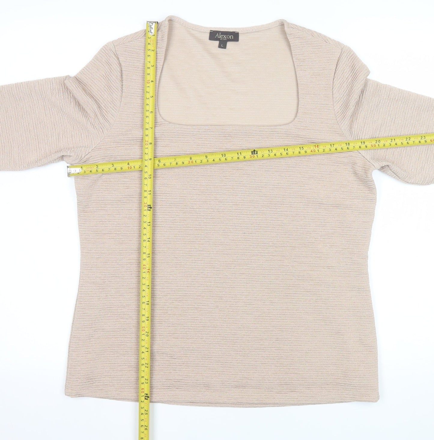 Alexon Women Beige 3/4 Sleeve Square Neck Top L Polyester Blend