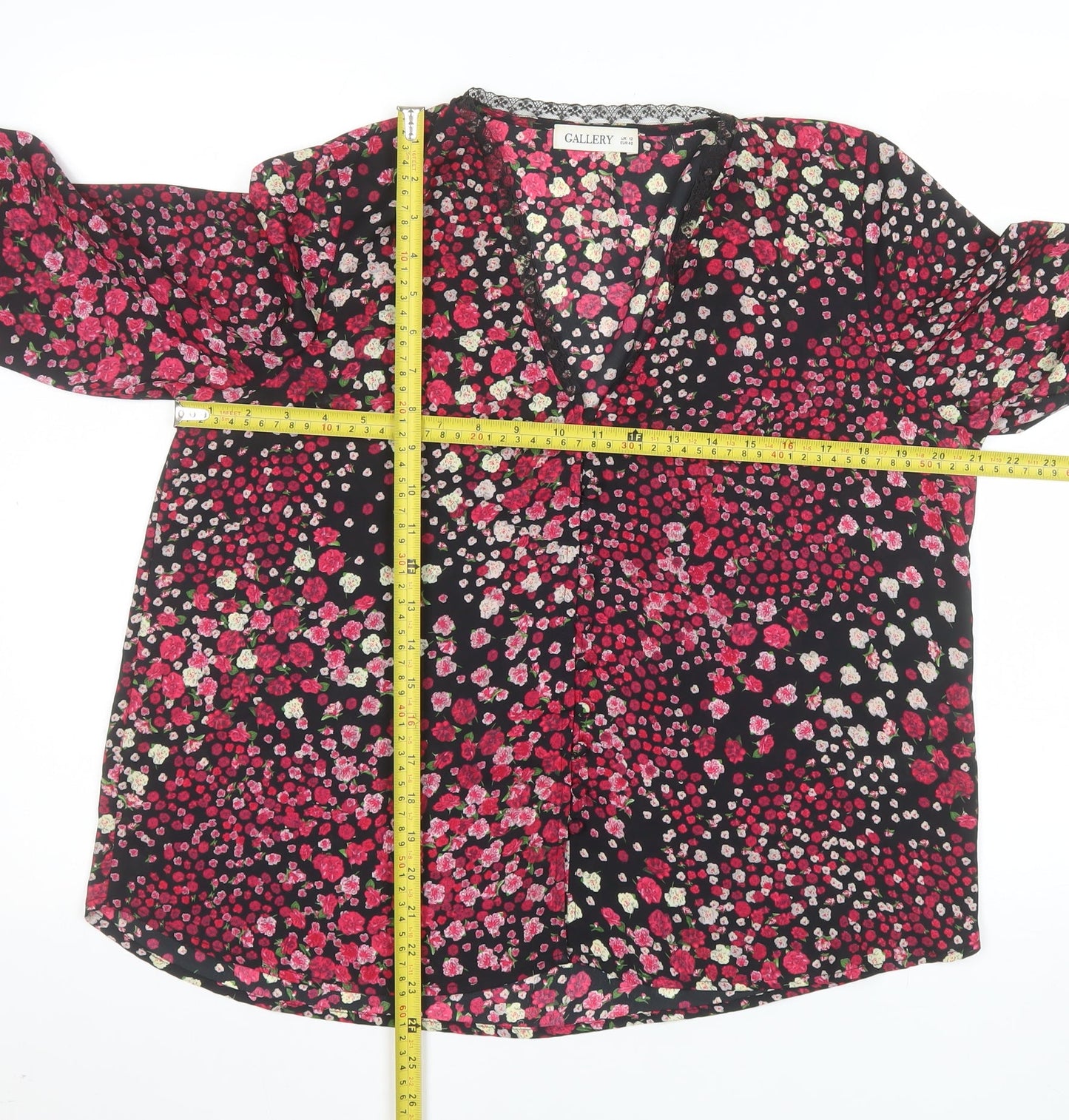 Gallery Womens Multicoloured Floral Lace Trim V-Neck Long Sleeve Blouse UK 12