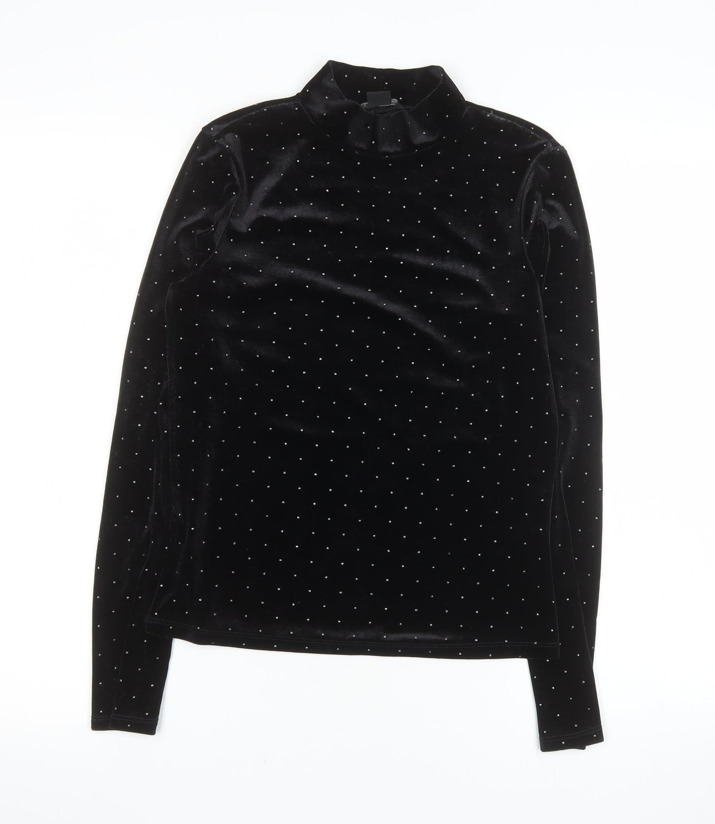 Monki Women Black Mock Neck Velvet Long Sleeve Top Size S