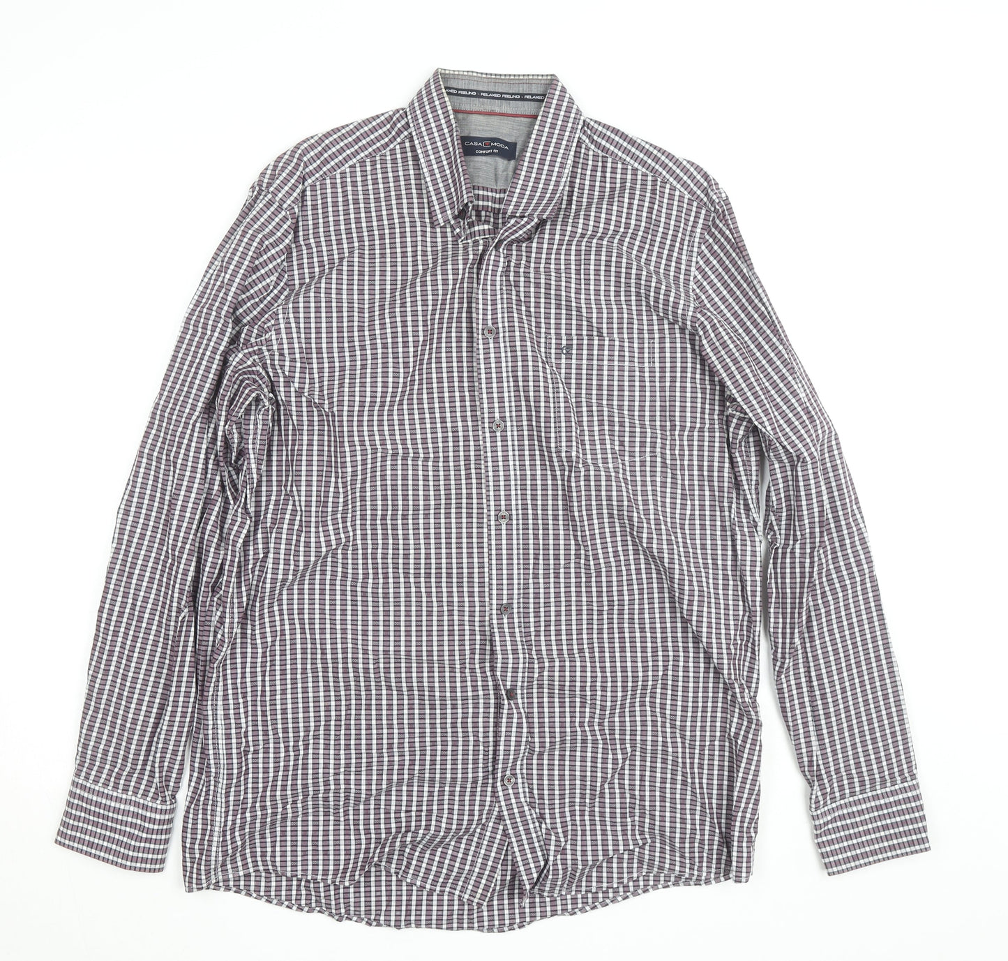 Casa Moda Men's Purple Check Long Sleeve Button-Up Shirt L
