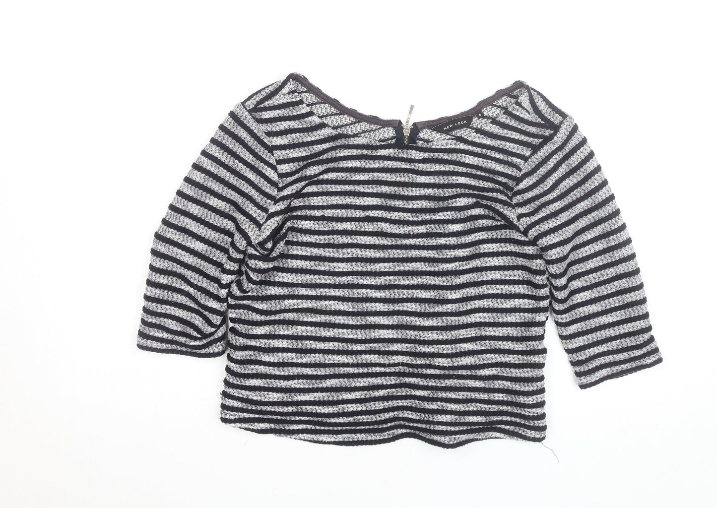 New Look Women’s Black Striped Knit Blouse Size 8 Zip Back 3/4 Sleeve