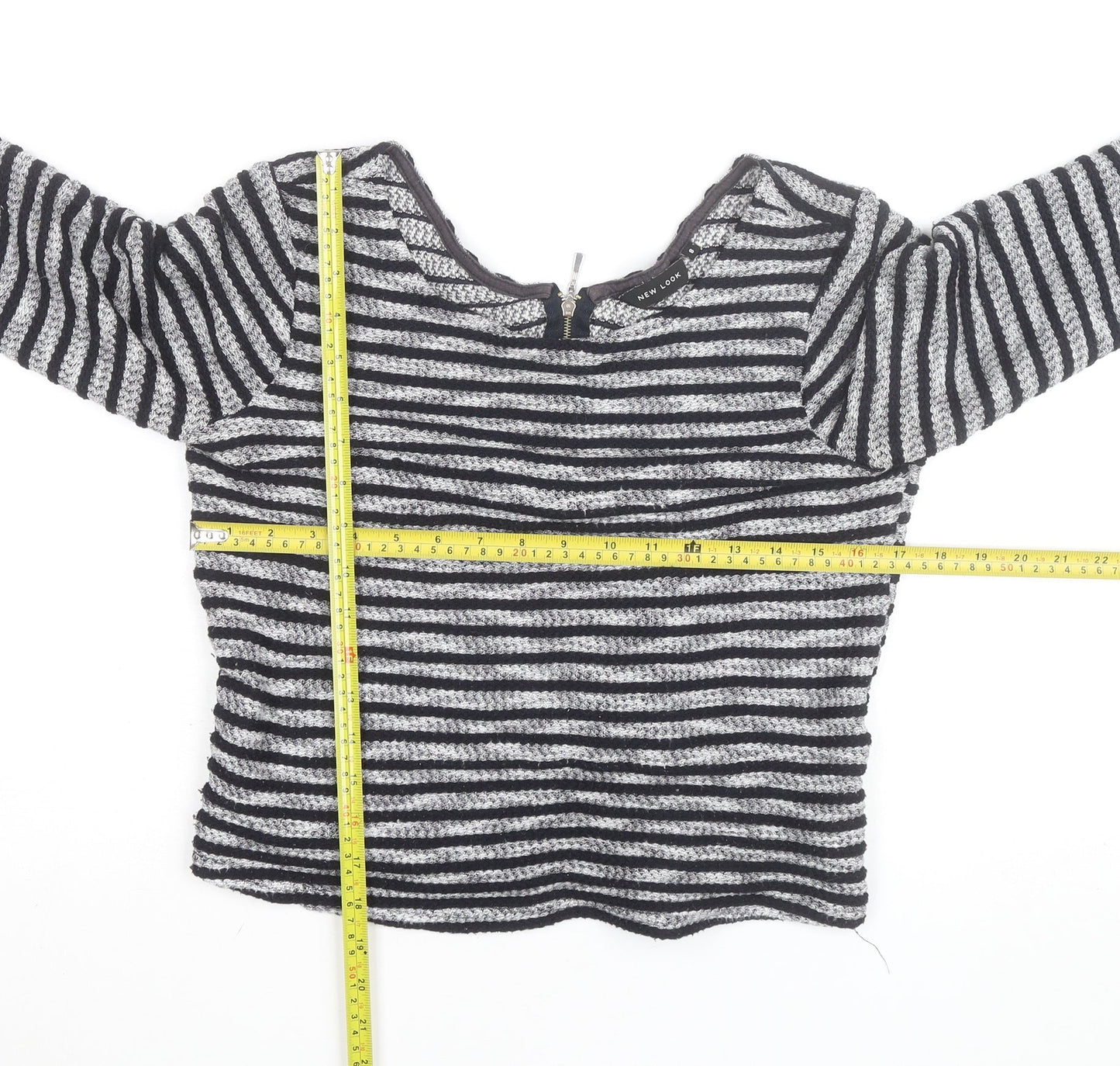 New Look Women’s Black Striped Knit Blouse Size 8 Zip Back 3/4 Sleeve